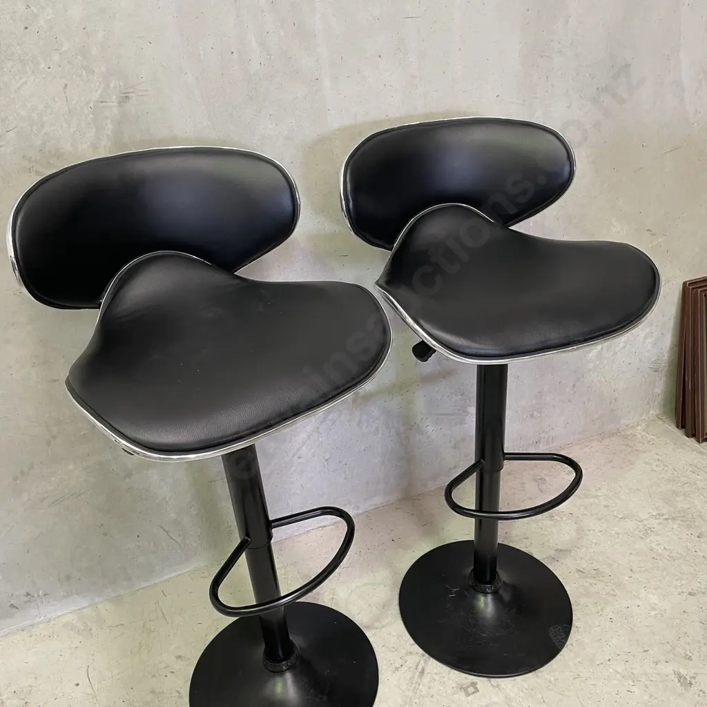 Pair of Black Leatherette and Chrome Swivel and Height Adjustable Barstools. Image 1++