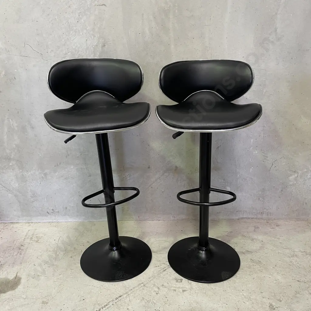 Pair of Black Leatherette and Chrome Swivel and Height Adjustable Barstools. Image 1++