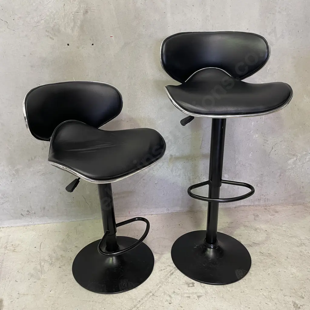 Pair of Black Leatherette and Chrome Swivel and Height Adjustable Barstools. Image 1++