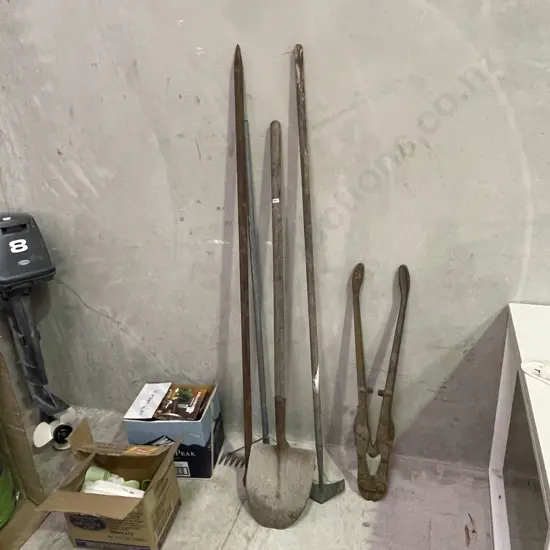 Assorted Garden Tools including large Pry Bar, Record heavy duty Bolt Cutters etc