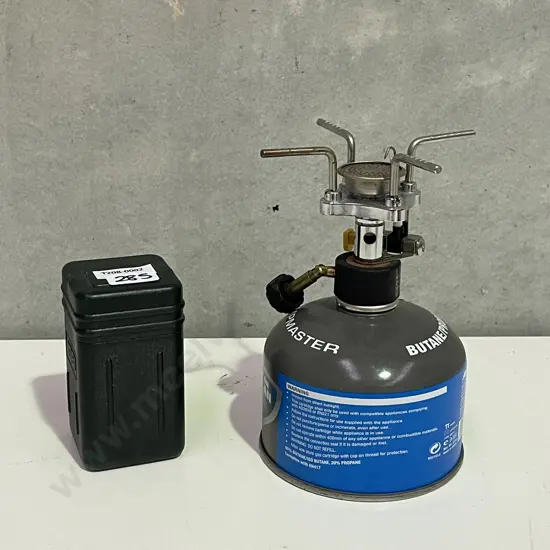 Pair of Kovea Portable Camping Stoves, gas powered, with empty gas bottle