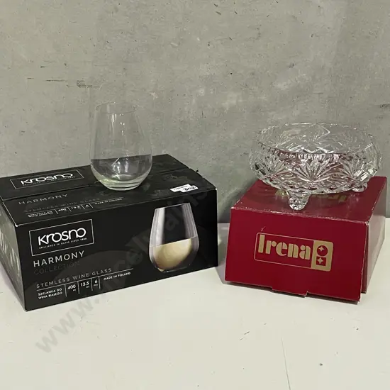 Boxed set of 6 Krosno Stemless Wine Glasses with Boxed Irena Crystal Bowl