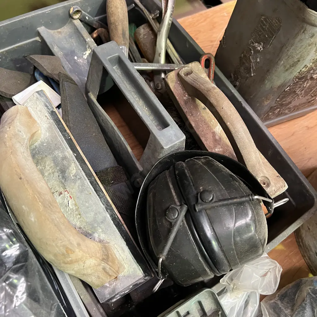 Large Selection of Garage items incl tool box with small hand tools, ratchet tiedowns, circular blade Image 1++