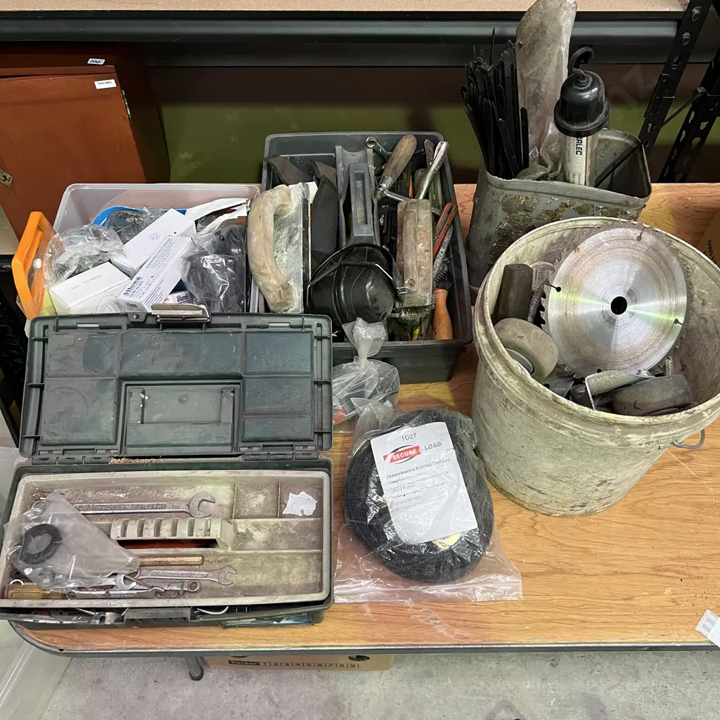 Large Selection of Garage items incl tool box with small hand tools, ratchet tiedowns, circular blade Image 1++