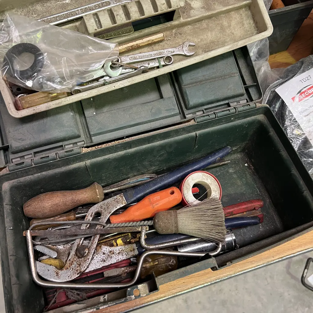Large Selection of Garage items incl tool box with small hand tools, ratchet tiedowns, circular blade Image 1++