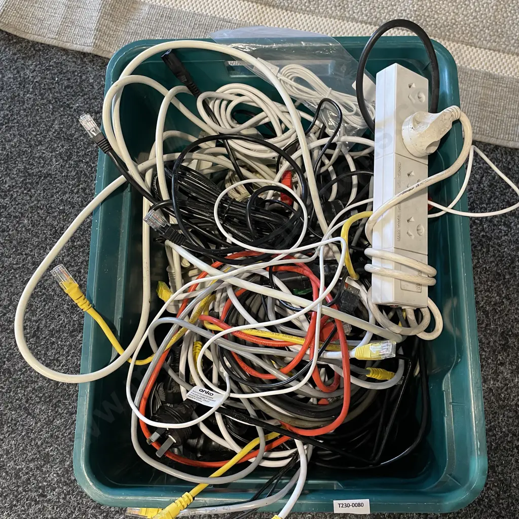 Green Plastic container with Electrical cords, Multiboards etc Image 1++