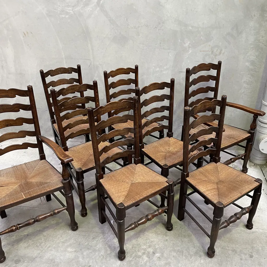 Antique English Oak set of 8 Ladder Back Rush Seat Dining Chairs incl 2 carvers. Image 1++