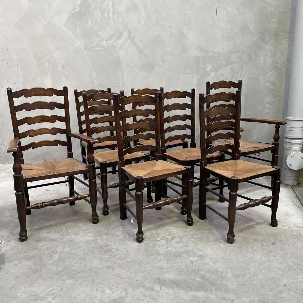 Antique English Oak set of 8 Ladder Back Rush Seat Dining Chairs incl 2 carvers. Image 1++