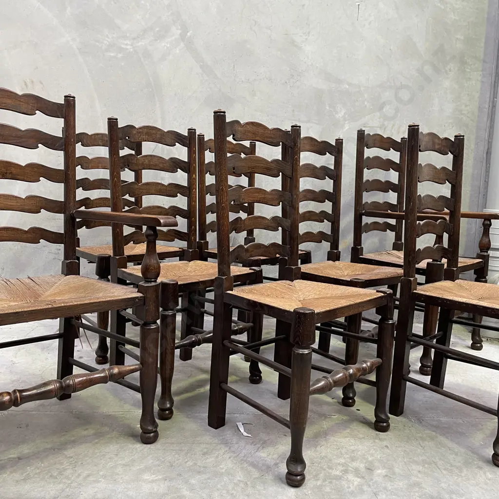 Antique English Oak set of 8 Ladder Back Rush Seat Dining Chairs incl 2 carvers. Image 1++