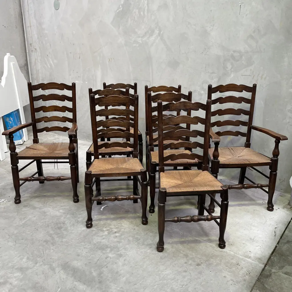 Antique English Oak set of 8 Ladder Back Rush Seat Dining Chairs incl 2 carvers. Image 1++