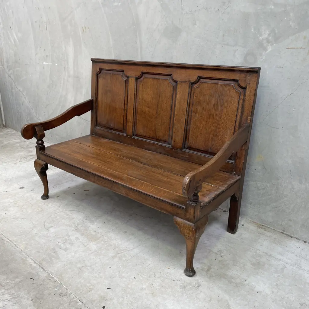 Antique George III Solid English Oak Settle Bench W140 H103 D70cm Image 1++