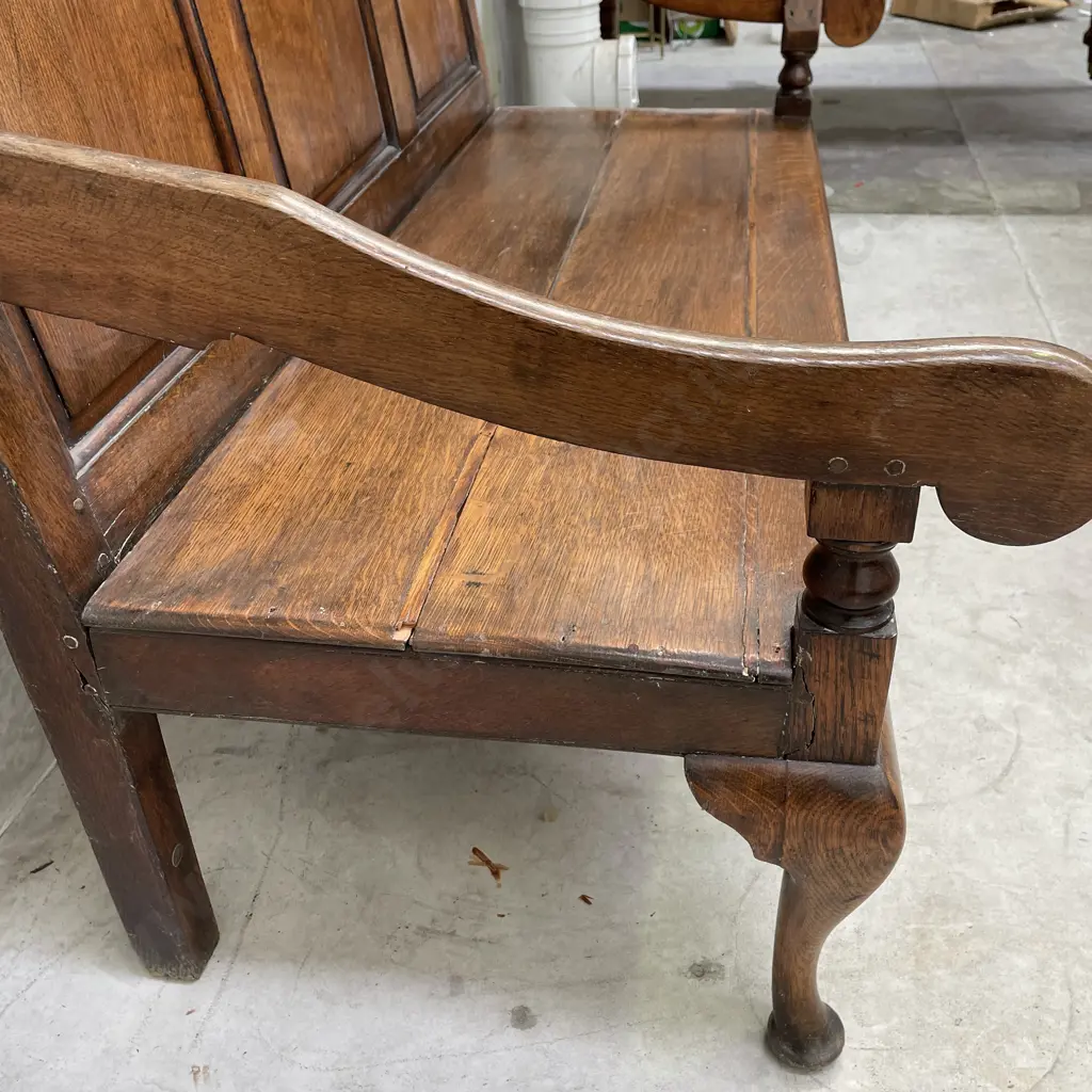 Antique George III Solid English Oak Settle Bench W140 H103 D70cm Image 1++