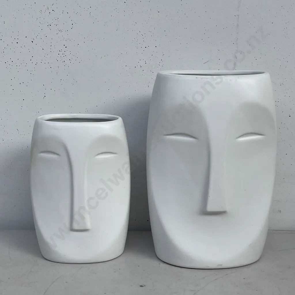 Pair MCM White Painted Face Vases H22 & 17cm Image 1++