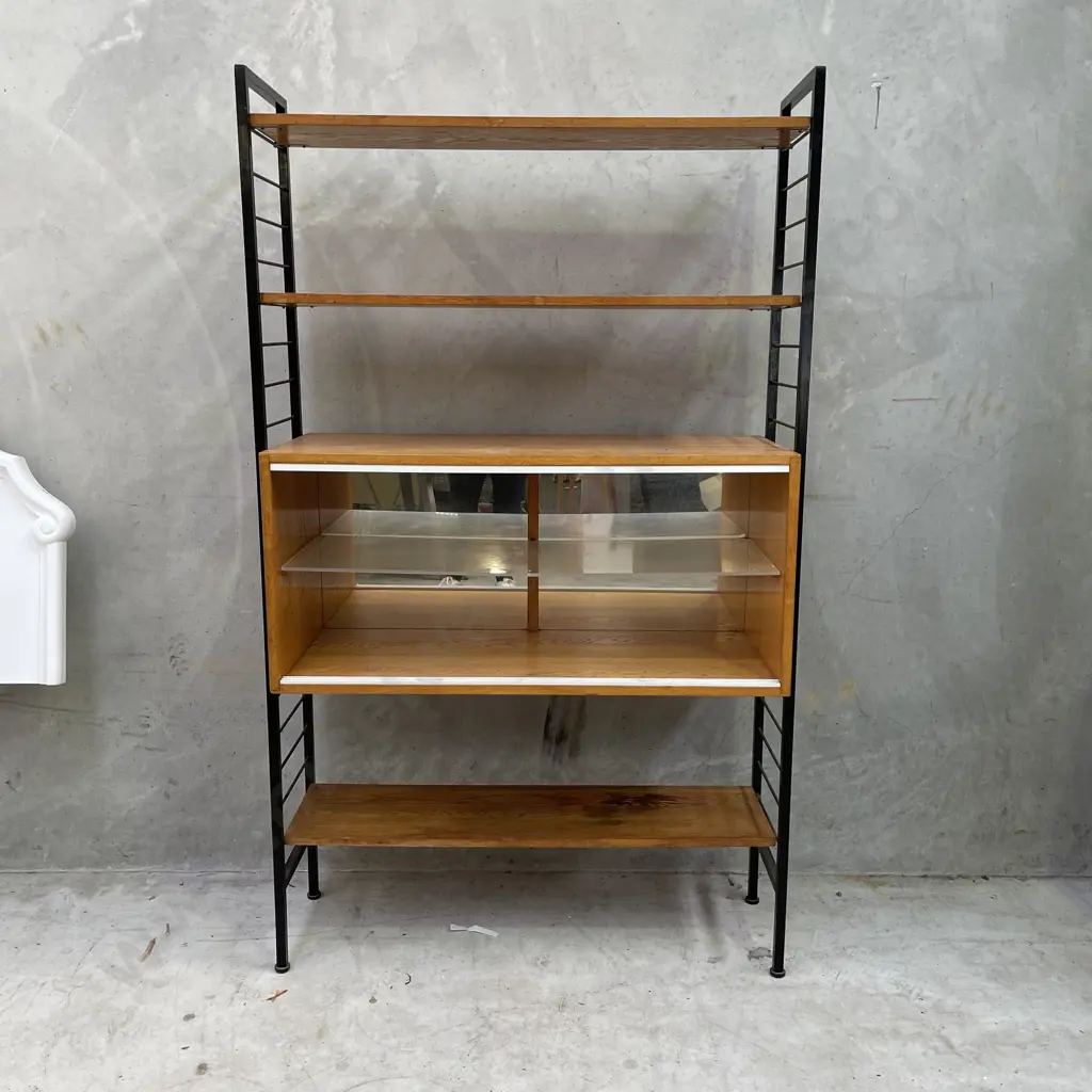 Vintage Mid Century Ladder Shelving Unit 2 Door, mirror back, solid wood H174 D40 W103cm Image 1++