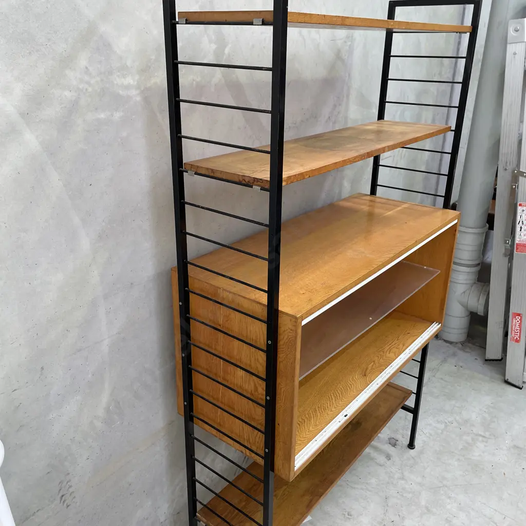 Vintage Mid Century Ladder Shelving Unit 2 Door, mirror back, solid wood H174 D40 W103cm Image 1++
