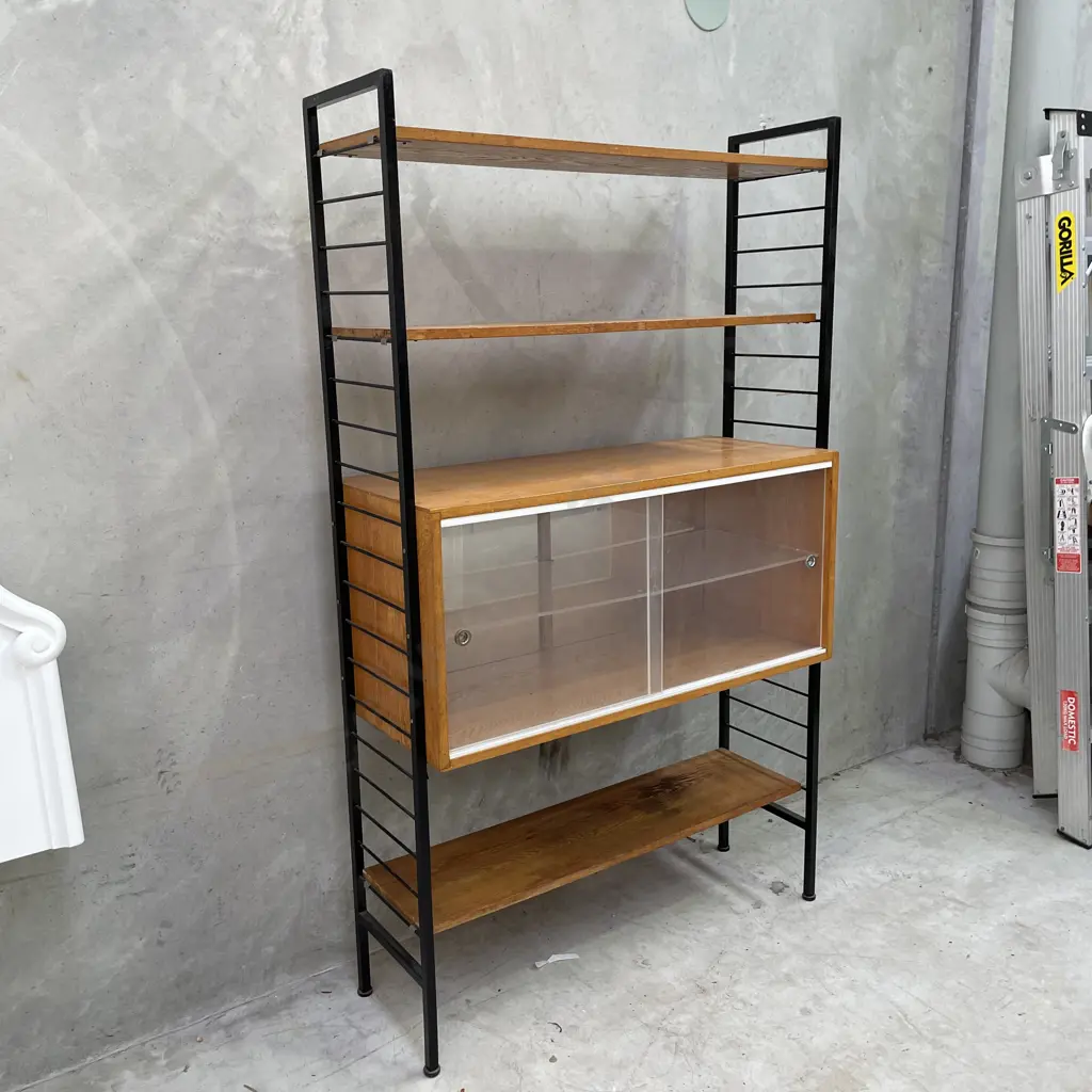 Vintage Mid Century Ladder Shelving Unit 2 Door, mirror back, solid wood H174 D40 W103cm Image 1++