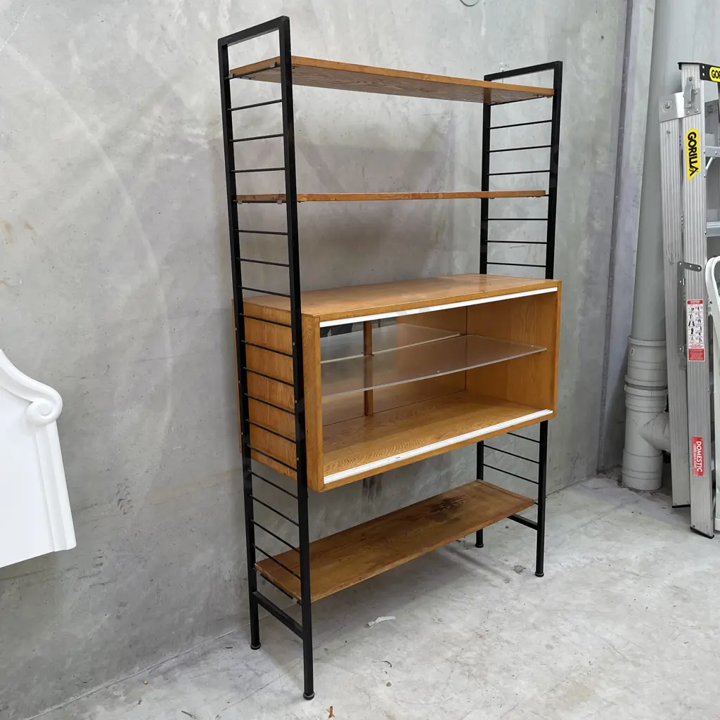 Vintage Mid Century Ladder Shelving Unit 2 Door, mirror back, solid wood H174 D40 W103cm Image 1++