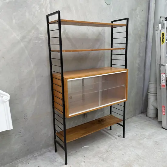 Vintage Mid Century Ladder Shelving Unit 2 Door, mirror back, solid wood H174 D40 W103cm