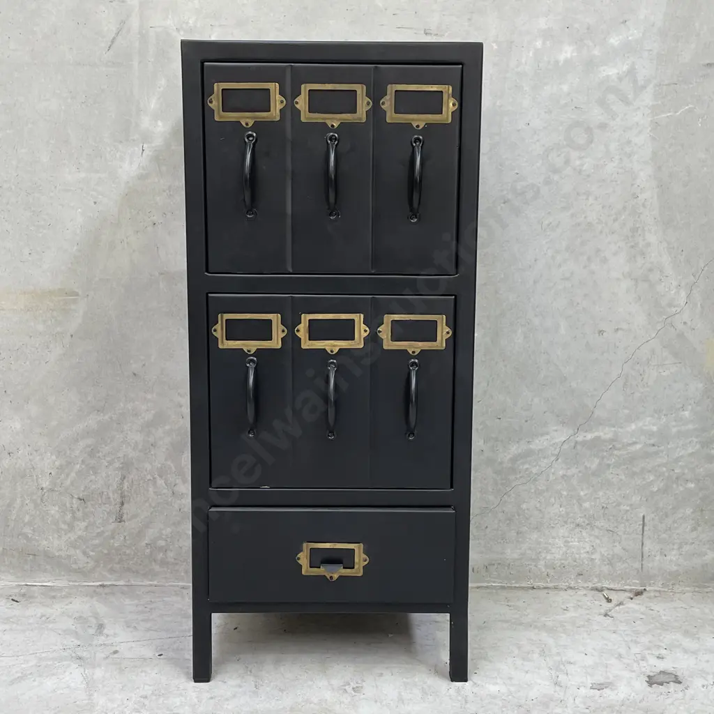 Funky Black Painted Industrial style Office Cabinet. 2x 3 handled Pull down cupboards, single drawer. Brass detail. Image 1++