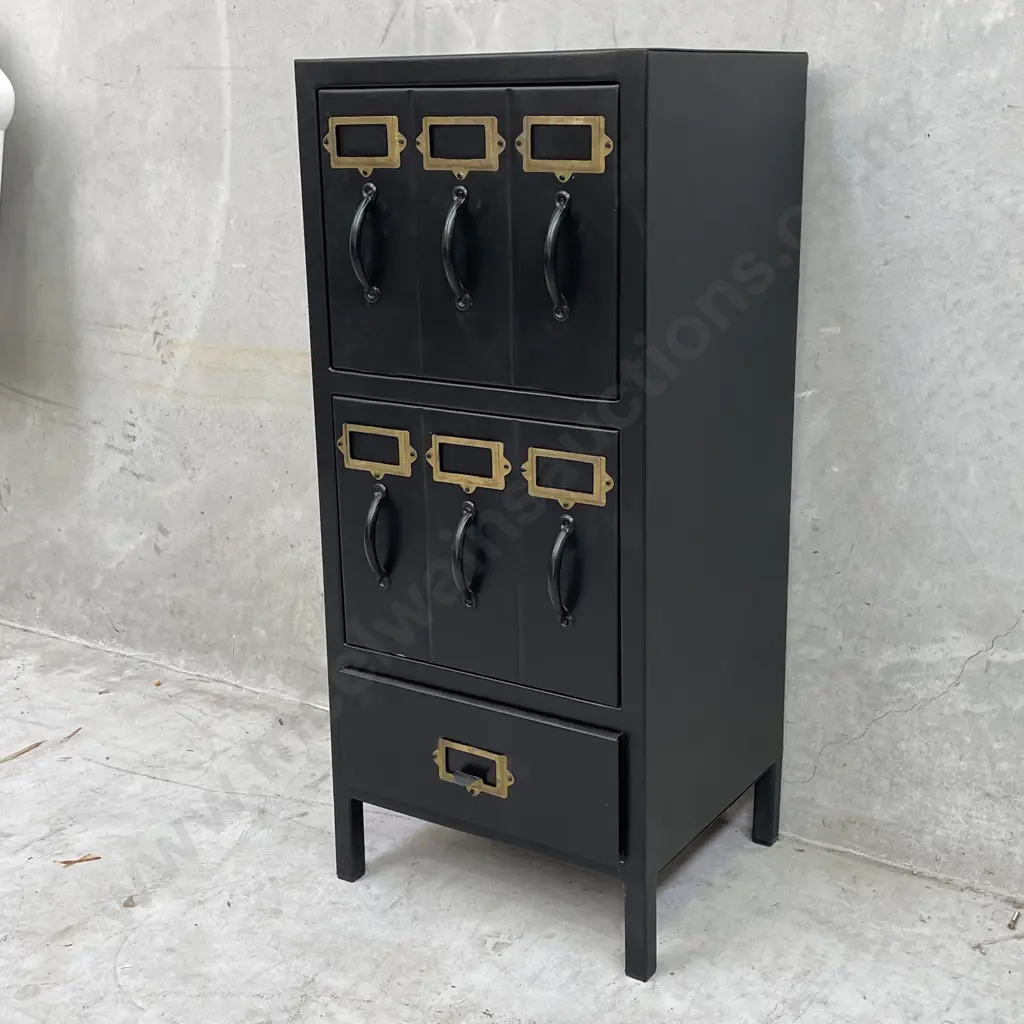 Funky Black Painted Industrial style Office Cabinet. 2x 3 handled Pull down cupboards, single drawer. Brass detail. Image 1++
