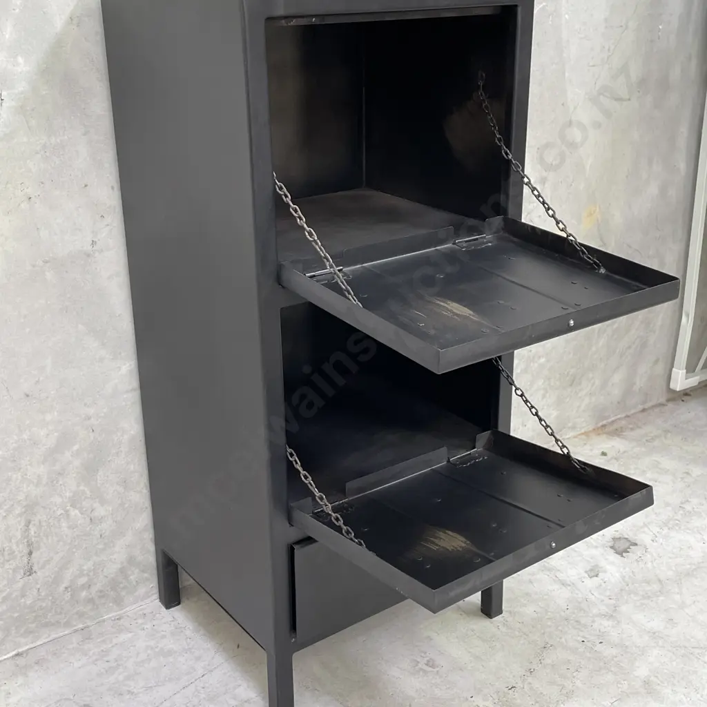 Funky Black Painted Industrial style Office Cabinet. 2x 3 handled Pull down cupboards, single drawer. Brass detail. Image 1++
