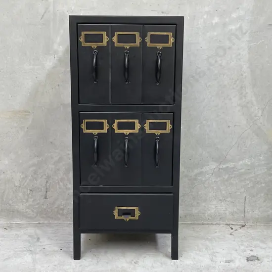 Funky Black Painted Industrial style Office Cabinet. 2x 3 handled Pull down cupboards, single drawer. Brass detail.