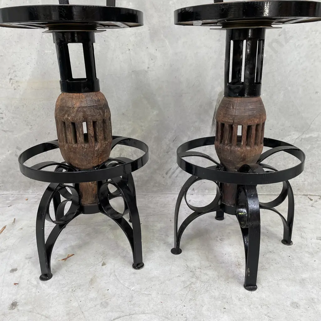 Pair of Heavy Duty Industrial Solid Teak and Cast Swivel Bar Stools. Height to seat 75cm Full height 105cm Image 1++