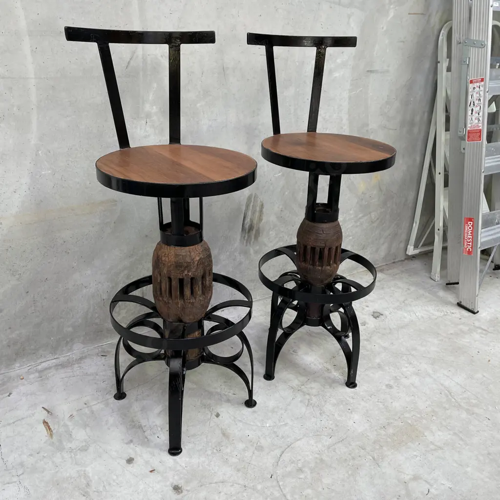 Pair of Heavy Duty Industrial Solid Teak and Cast Swivel Bar Stools. Height to seat 75cm Full height 105cm Image 1++