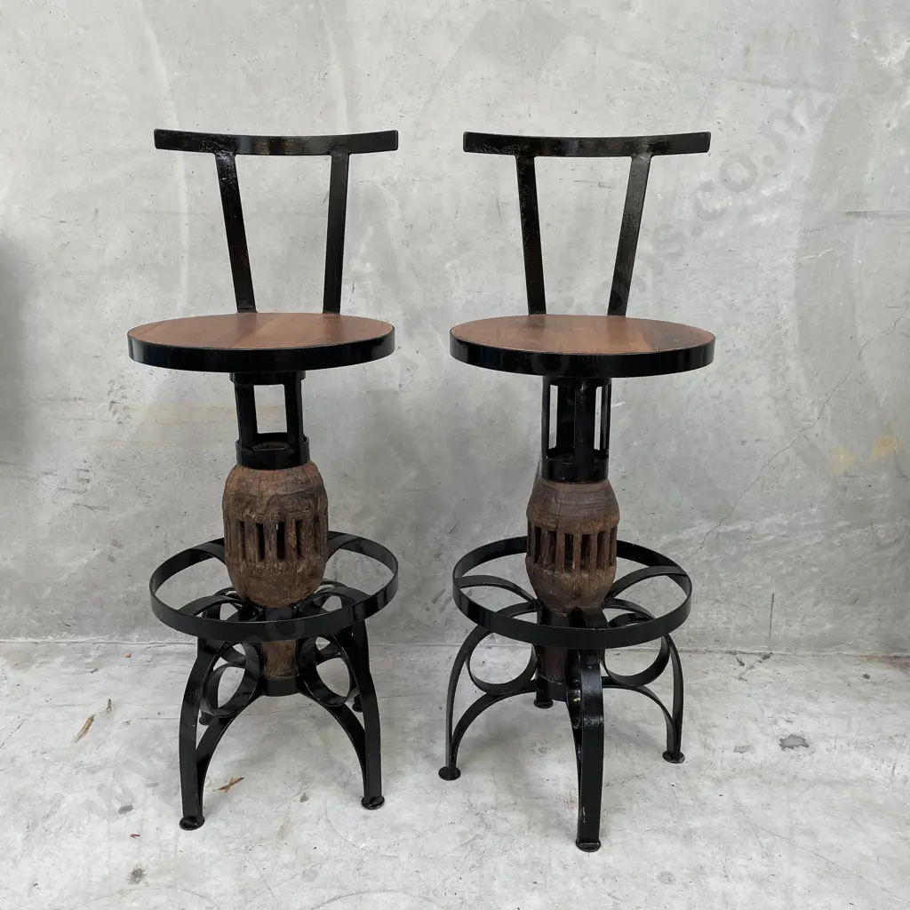 Pair of Heavy Duty Industrial Solid Teak and Cast Swivel Bar Stools. Height to seat 75cm Full height 105cm Image 1++