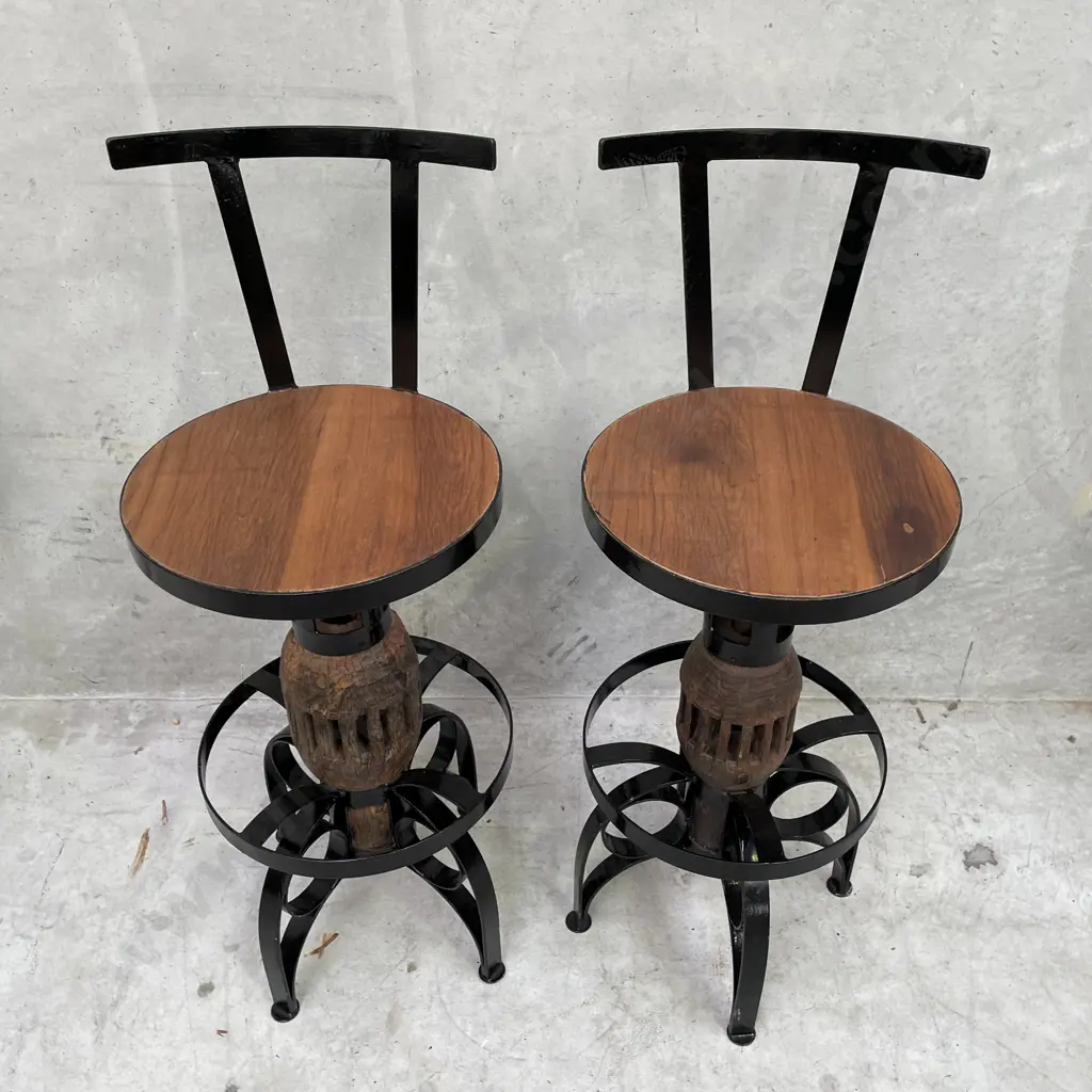 Pair of Heavy Duty Industrial Solid Teak and Cast Swivel Bar Stools. Height to seat 75cm Full height 105cm Image 1++