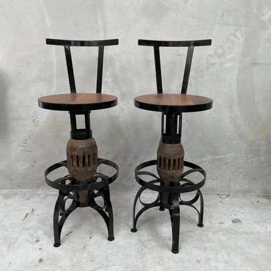 Pair of Heavy Duty Industrial Solid Teak and Cast Swivel Bar Stools. Height to seat 75cm Full height 105cm