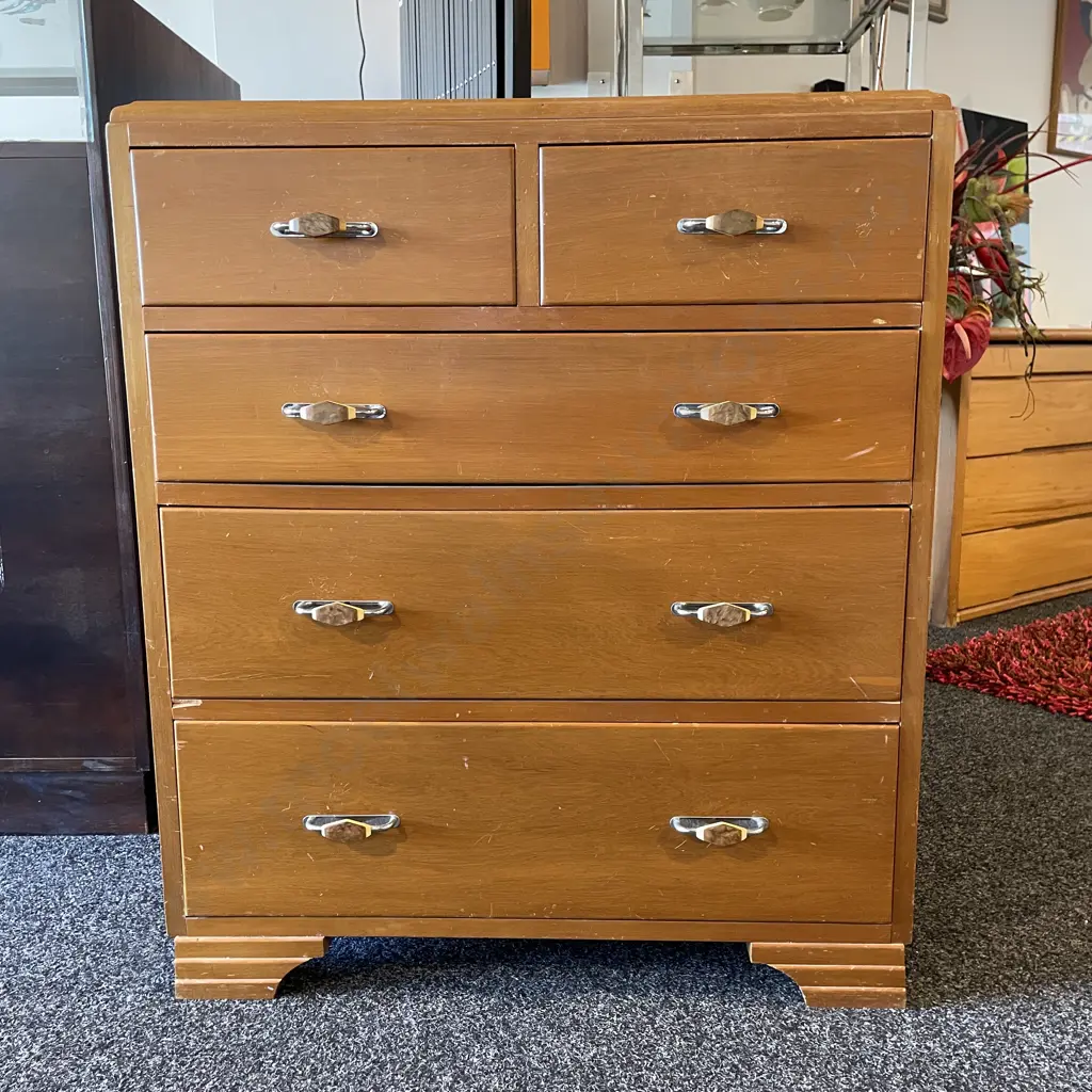 Vintage Art Deco Solid Wood 5 Drawer Chest. Original Handles. H91cm W75cm D44cm Image 1++