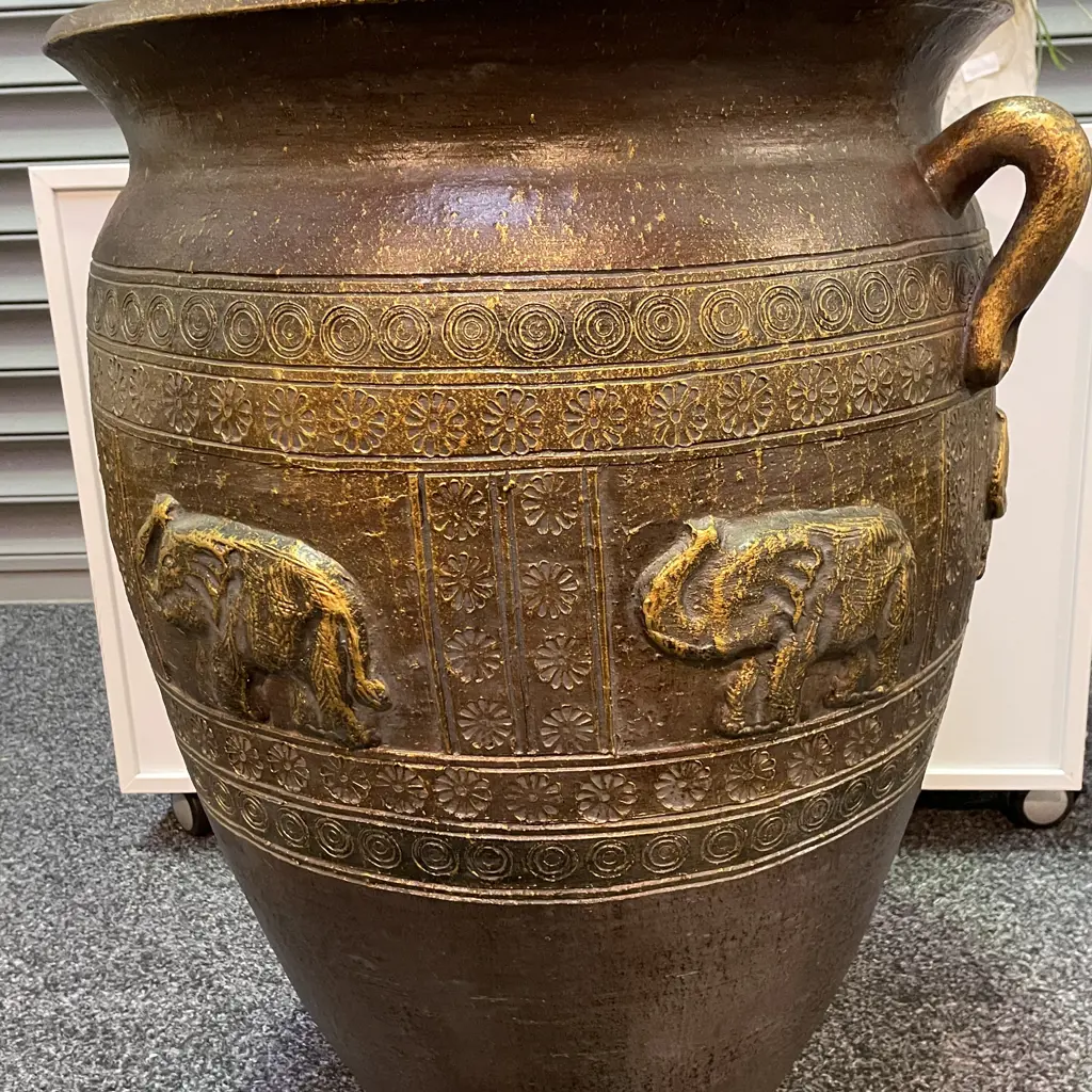 Extra Large Bronzed Effect two Handled Planter with relief Elephant design. H72cm Dia60cm Image 1++