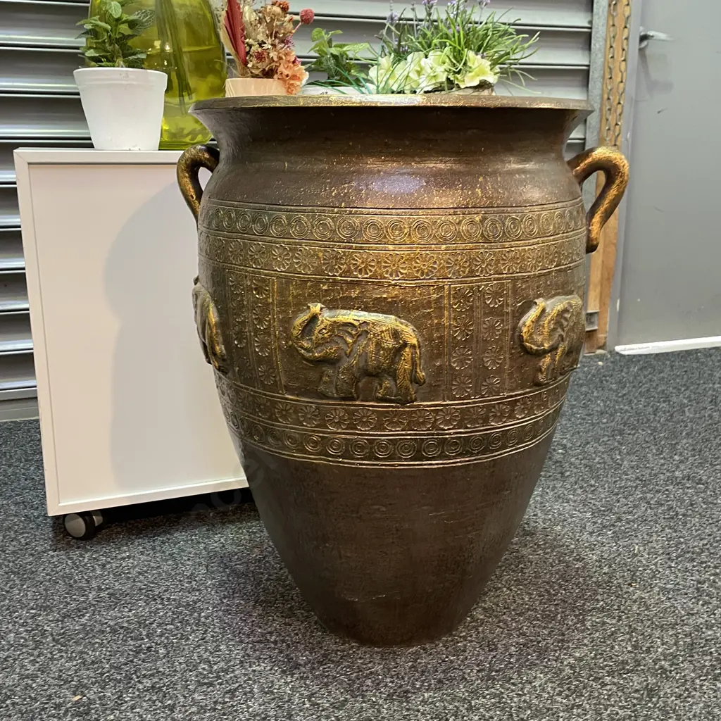 Extra Large Bronzed Effect two Handled Planter with relief Elephant design. H72cm Dia60cm Image 1++