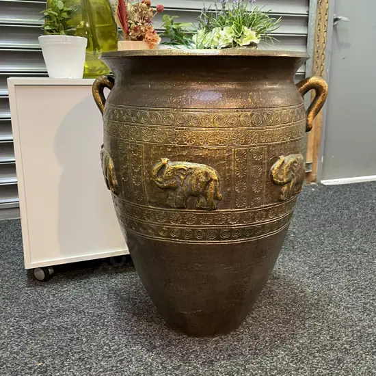Extra Large Bronzed Effect two Handled Planter with relief Elephant design. H72cm Dia60cm