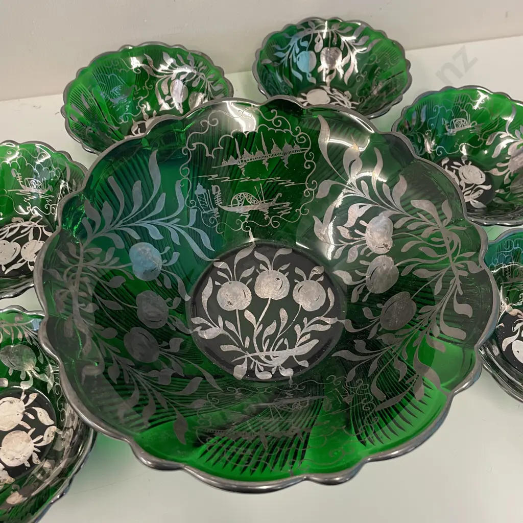 Vintage Art Glass 7 Piece Sweet set with Handpinted Silverene Decoration Image 1++