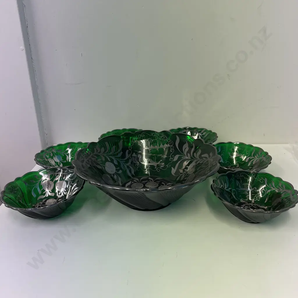 Vintage Art Glass 7 Piece Sweet set with Handpinted Silverene Decoration Image 1++
