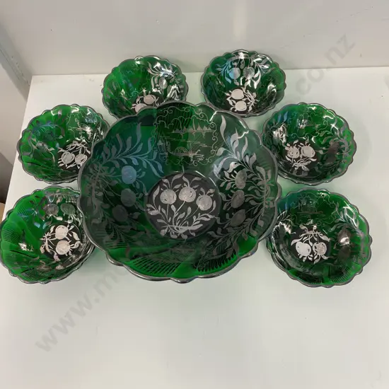 Vintage Art Glass 7 Piece Sweet set with Handpinted Silverene Decoration