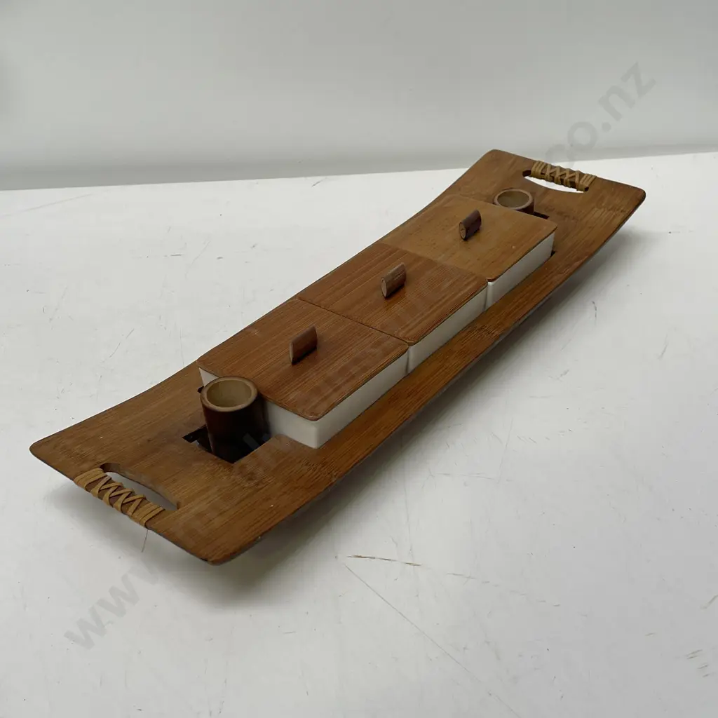 Mid Century Japanese Molded Bamboo Hors D'oeuvres Platter, with Ceramic Pots. L43cm Image 1++