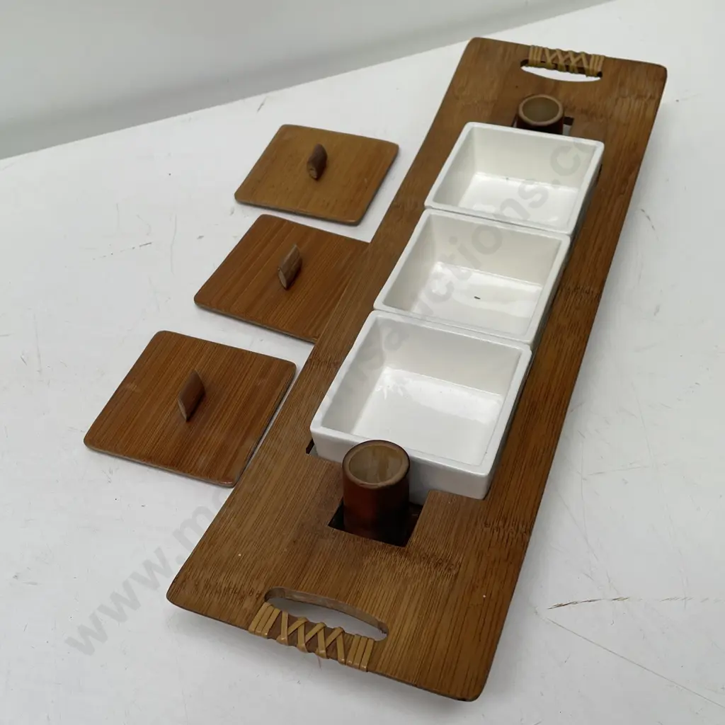 Mid Century Japanese Molded Bamboo Hors D'oeuvres Platter, with Ceramic Pots. L43cm Image 1++