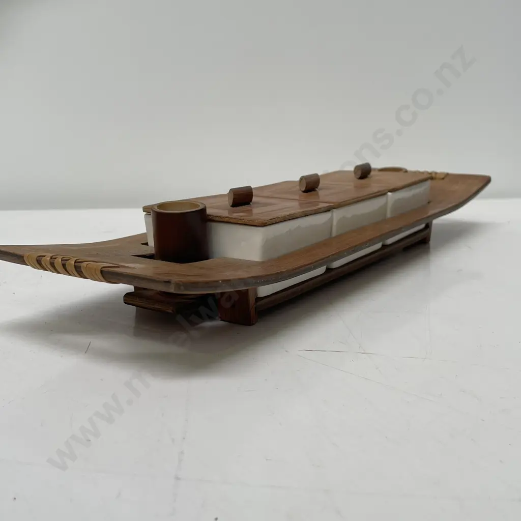 Mid Century Japanese Molded Bamboo Hors D'oeuvres Platter, with Ceramic Pots. L43cm Image 1++