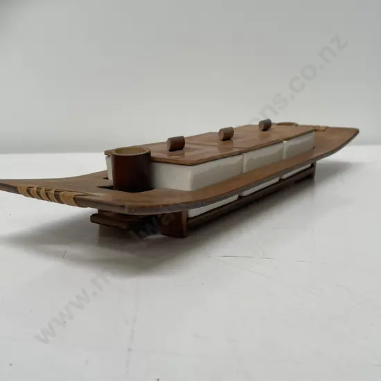 Mid Century Japanese Molded Bamboo Hors D'oeuvres Platter, with Ceramic Pots. L43cm