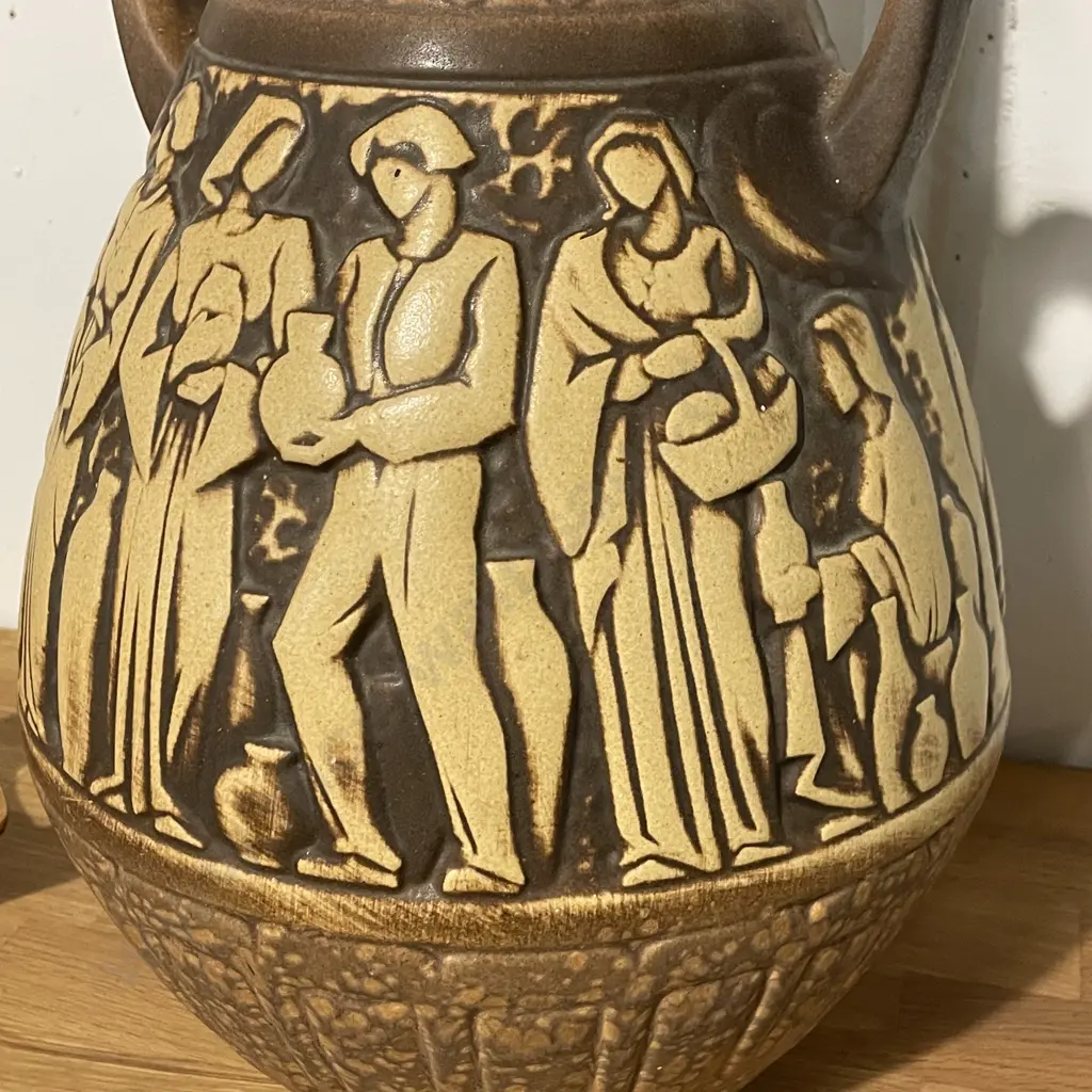Large Stunning Mid Century German Keramic Two handled Vessel wtih Relief "Gatherers" H47cm Image 1++
