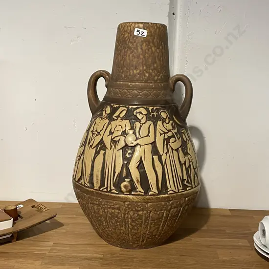 Large Stunning Mid Century German Keramic Two handled Vessel wtih Relief "Gatherers" H47cm