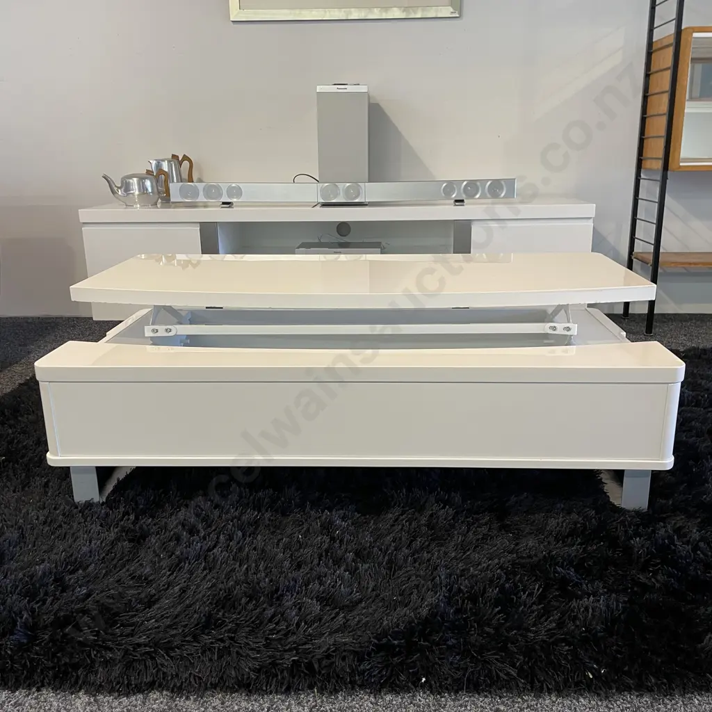Modernist High Gloss White Painted Coffee Table with Lift Up top. H32cm Full H58cm W120 D60cm Image 1++