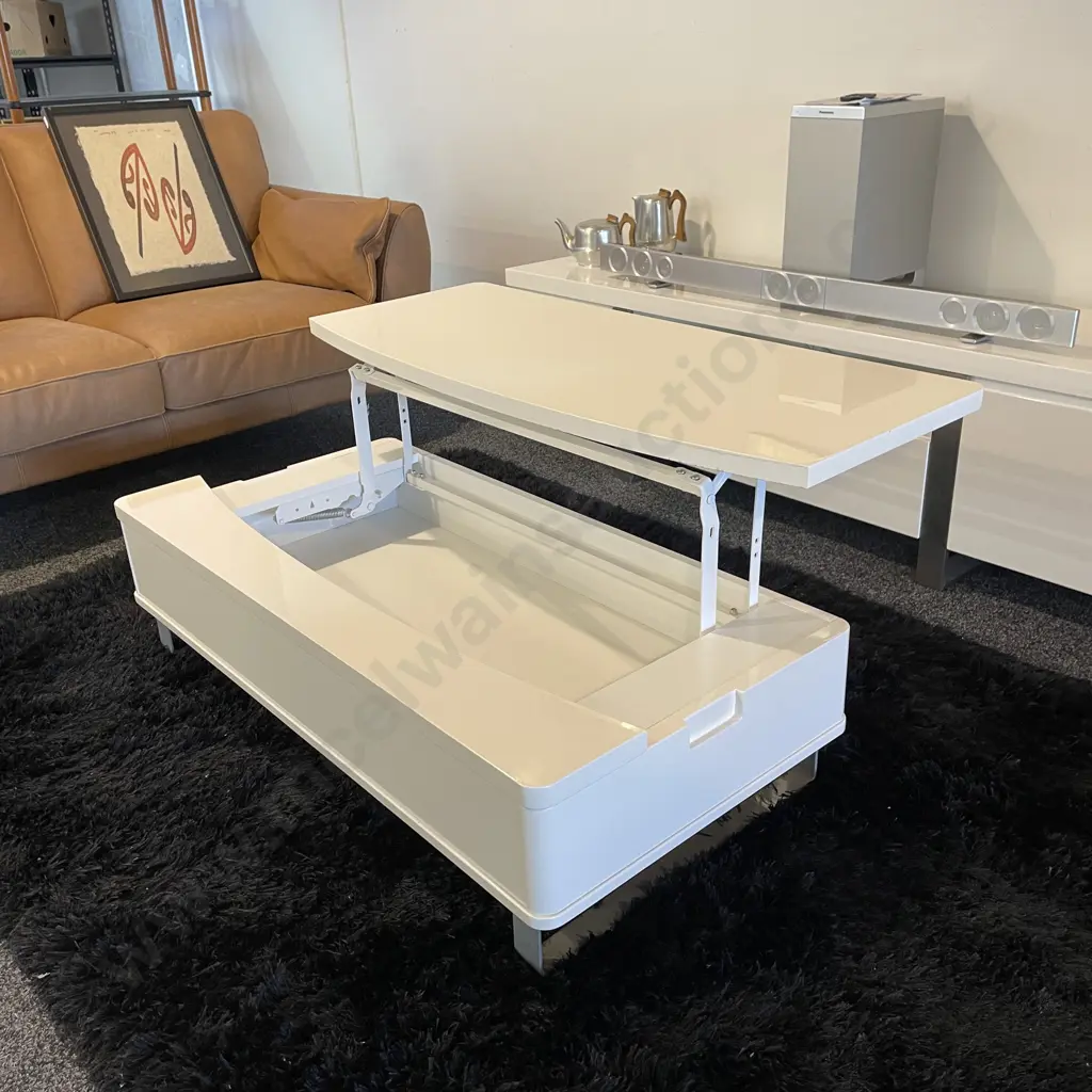 Modernist High Gloss White Painted Coffee Table with Lift Up top. H32cm Full H58cm W120 D60cm Image 1++