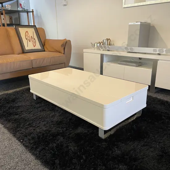 Modernist High Gloss White Painted Coffee Table with Lift Up top. H32cm Full H58cm W120 D60cm