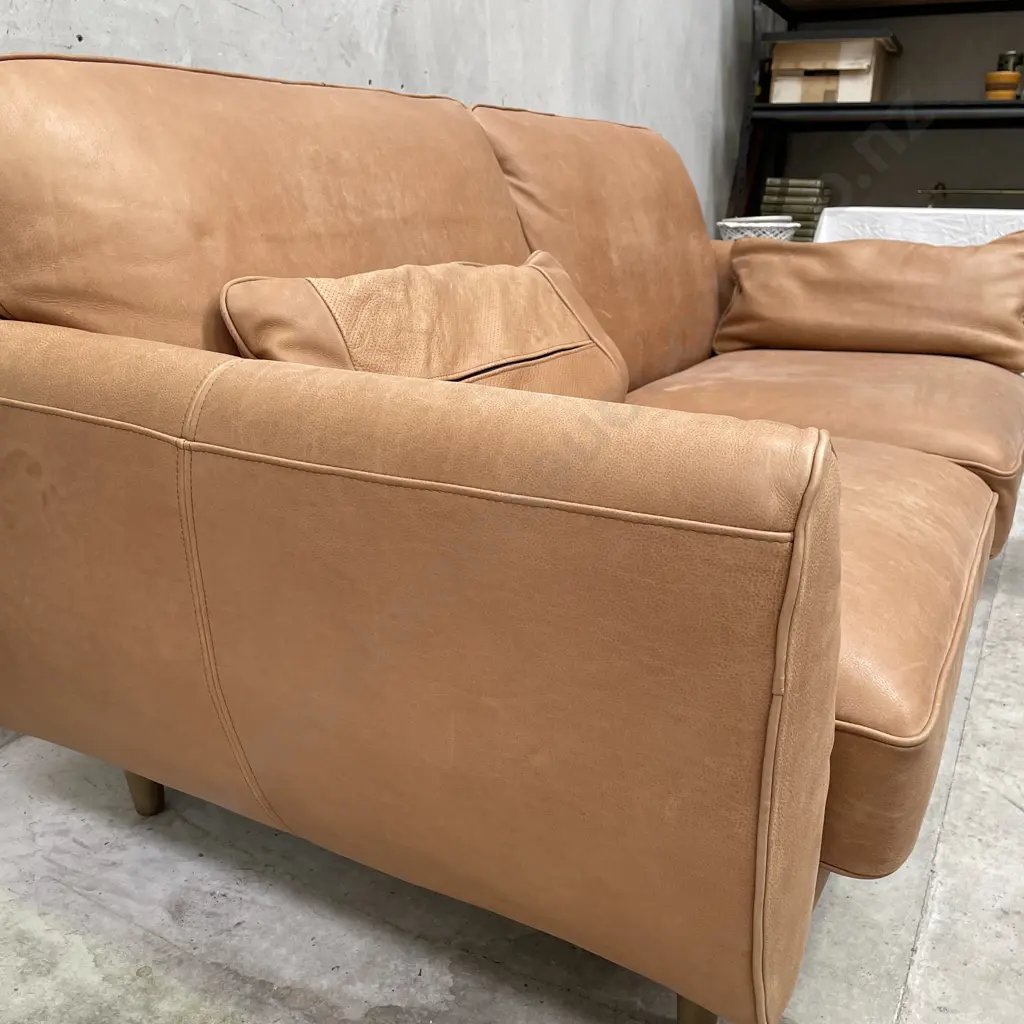 Freedom Furniture "Finn" Sofa. Hand dyed Camel Leather 3 Seater Sofa. L1.9m H87cm D1m Image 1++