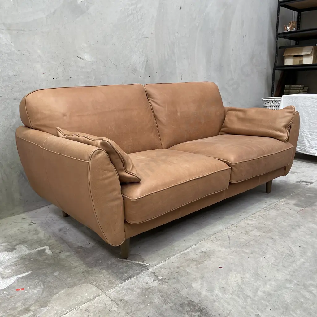 Freedom Furniture "Finn" Sofa. Hand dyed Camel Leather 3 Seater Sofa. L1.9m H87cm D1m Image 1++