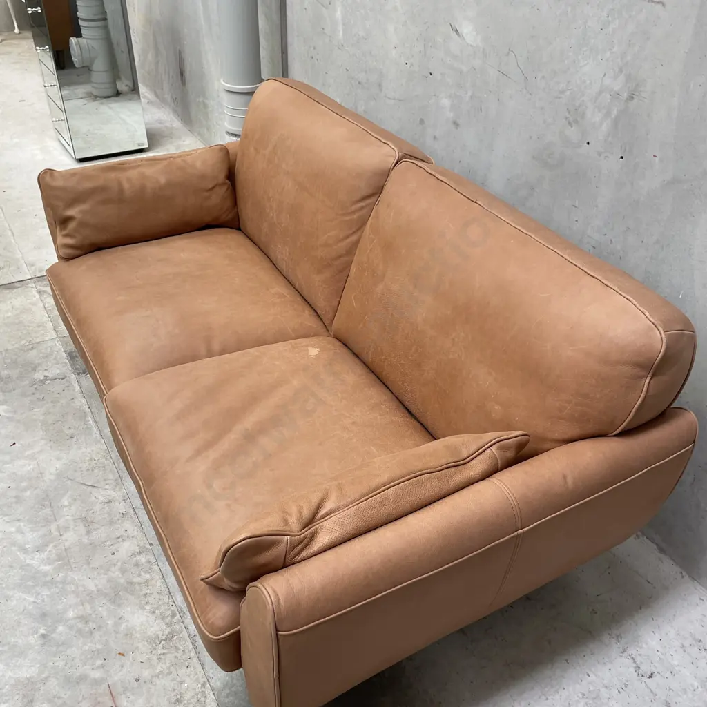 Freedom Furniture "Finn" Sofa. Hand dyed Camel Leather 3 Seater Sofa. L1.9m H87cm D1m Image 1++